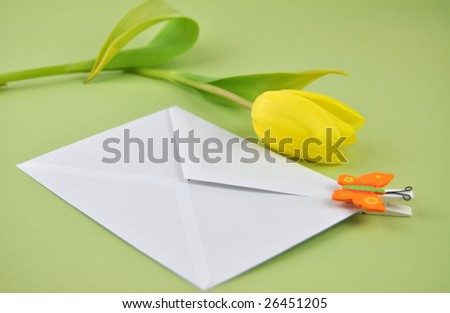 White envelope with a wooden butterfly clip and a yellow tulip