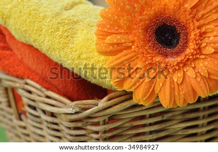 Wet orange gerbera and soft towels in a wicker basket