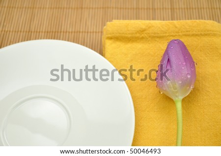 Wet purple tulip on a napkin and an empty plate
