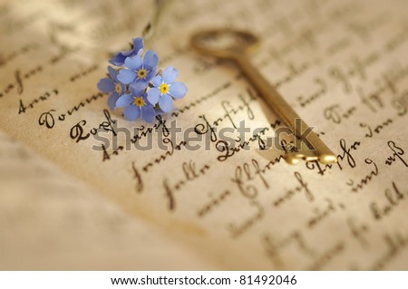 Vintage key and forget-me-nots on an old diary