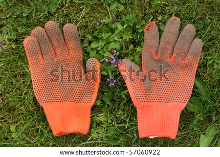 Old and dirty garden gloves on grass background.