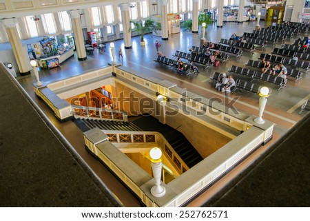 Novosibirsk, Russia - August 16, 2014: People are waiting in waiting room at Novosibirsk Glavnyy Train Station.