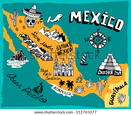 Illustrated map of Mexico  with the main attractions