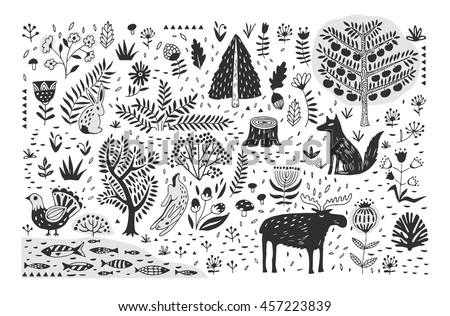 Hand drawn pattern with abstract scandinavian nature elements. Vector set of plants and animals of the forest.