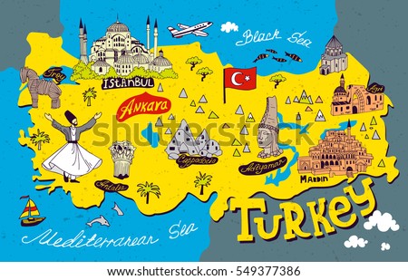Cartoon  Map of Turkey. Travel and attractions.