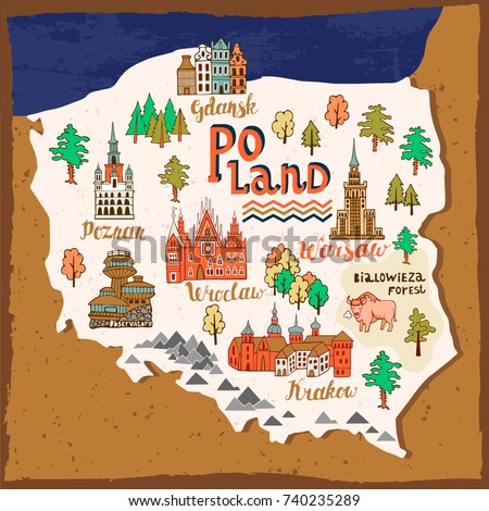 Illustrated map of Poland. Travel and attractions