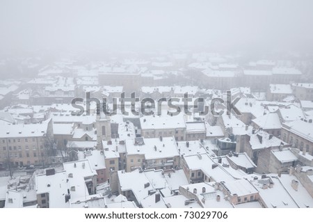 Roofs of houses in the city covered with snow.