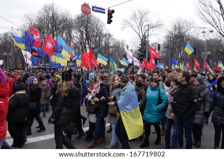 KIEV, UKRAINE-DECEMBER 5, 2013:Ukraine, Kiev, Independence Square.  Protest against night crackdown of the students action against  the not signing the association with the EU.