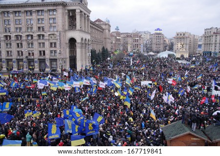 KIEV, UKRAINE-DEC. 1, 2013: Ukraine, Kiev, Independence Square.  Protest against night crackdown of the students action against  the not signing the association with the EU.