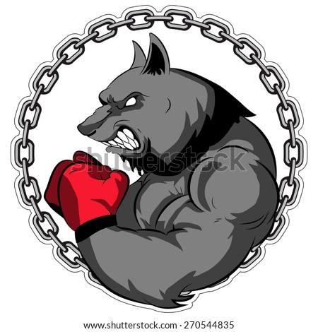 Graphic Mascot Vector Image of a wolf boxer. Logos for sport athletic club. Coat of Arms for the gym or sports shop. Chain. Vector illustration Eps 10