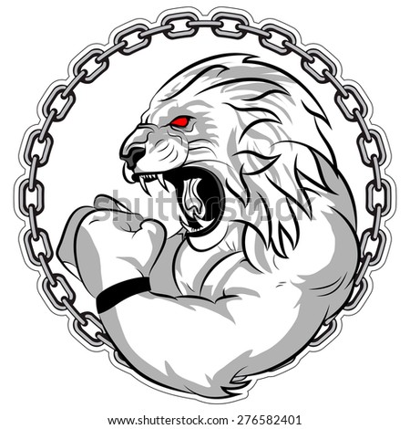Graphic Mascot Vector Image of a lion boxer. Logos for sport athletic club. Coat of Arms for the gym or sports shop. Chain. Vector illustration Eps 10
