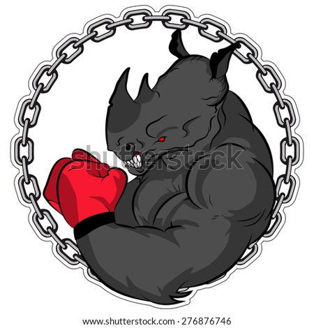 Graphic Mascot Vector Image of a rhino boxer. Logos for sport athletic club. Coat of Arms for the gym or sports shop. Chain. Vector illustration Eps 10