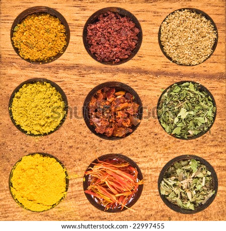 Spice - saffron;  sumak; oragane; mint; fleisch; cumin; coriander;curry; chili.