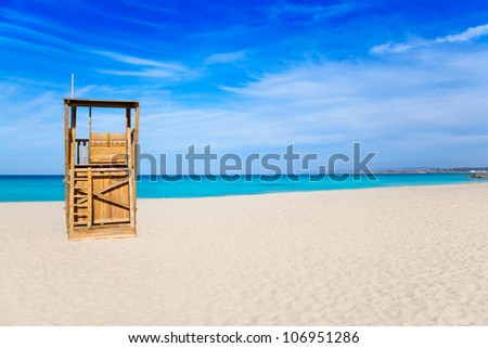 Formentera Llevant beach lifeguard house in white sand and turquoise idyllic water