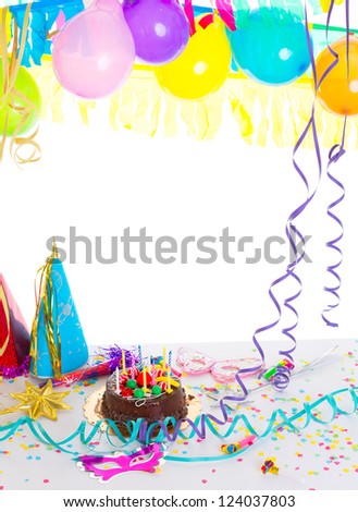 Children Birthday Party With Chocolate Cake Confetti Garland Serpentine And Balloons