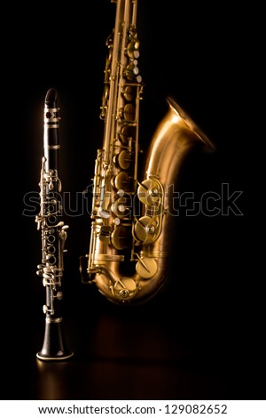 Classic music Sax tenor saxophone and clarinet in black background
