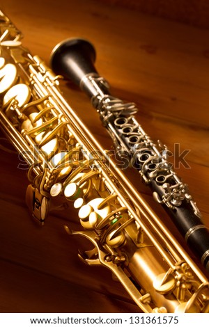 Classic music Sax tenor saxophone and clarinet in vintage wood background