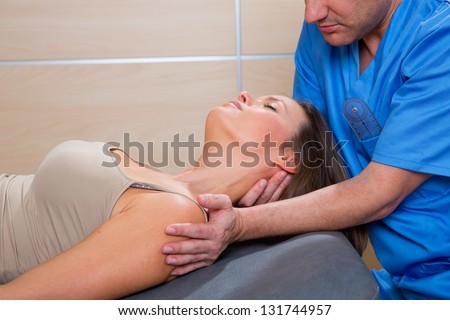 cervical stretching therapy with therapist doctor hands in woman neck