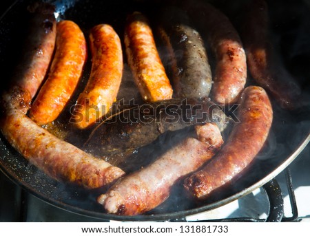 fat pan fried sausages sausages black pudding and chorizo in Spain