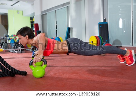 Crossfit Fitness Woman Push Ups Kettlebells Pushup Exercise At Gym Workout