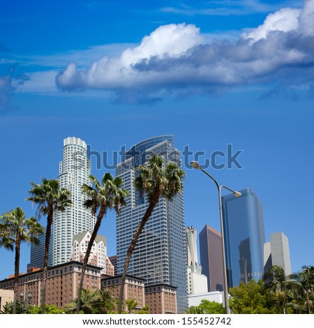 LA Downtown Los Angeles Skyline Pershing Square palm tress and skyscrapers