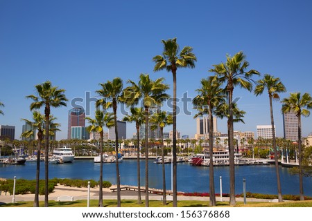 Long Beach California Skyline With Palm Trees From Marina Port Usa