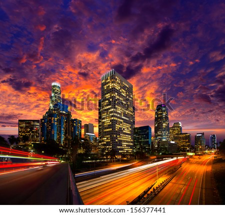 Downtown La Night Los Angeles Sunset Skyline California From 110 Freeway