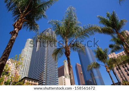LA Downtown Los Angeles Pershing Square palm tress and skyscrapers