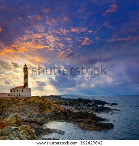 Cap De Favaritx Sunset Lighthouse Cape In Mahon At Balearic Islands Of Spain