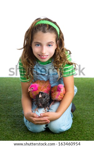 breeder hens kid girl rancher farmer hug chicken chick white background