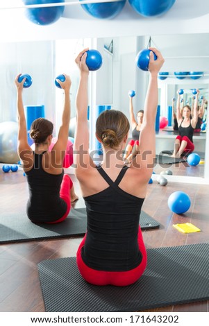 Pilates Toning Ball In Women Fitness Class Rear Mirror View