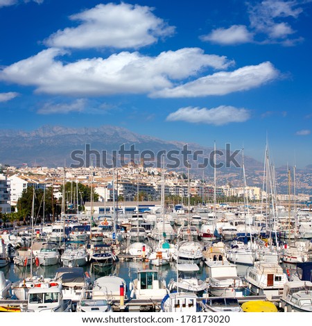 Altea village in alicante with marina boats foreground at Spain Valencian Community