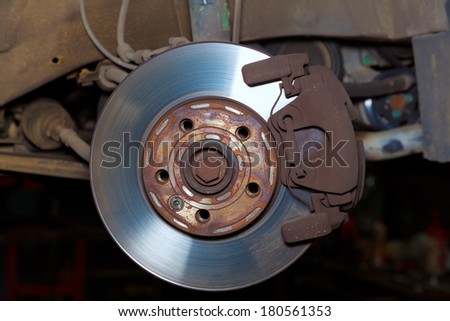 Car wheel brake rusty disc with pads rotor disc and caliper assembly
