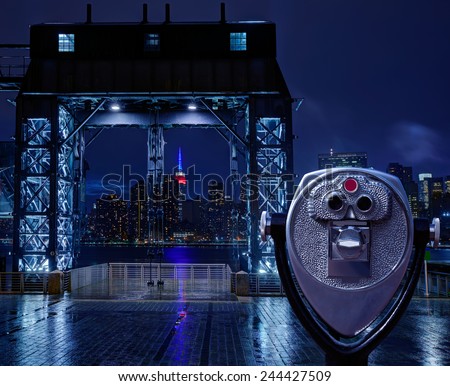 Manhattan New York skyline rainy night East River floodgates and telescope photomount
