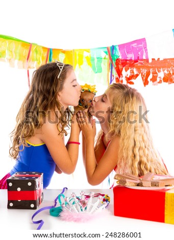 girl friends party kissing puppy chihuahua present dog in birthday