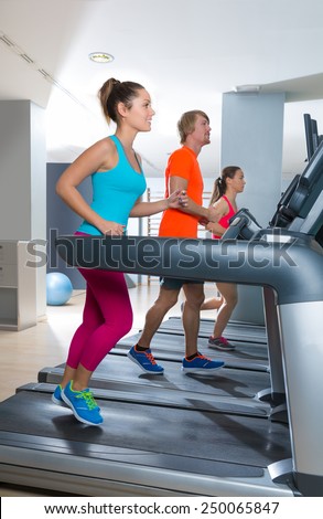 Gym treadmill group running indoor women and blond man