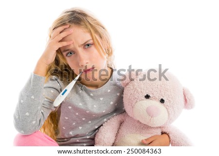blond girl with thermometer and flu cold in pajama  grumpy face with teddy bear