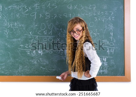 Clever nerd pupil blond girl in green chalk board student schoolgirl