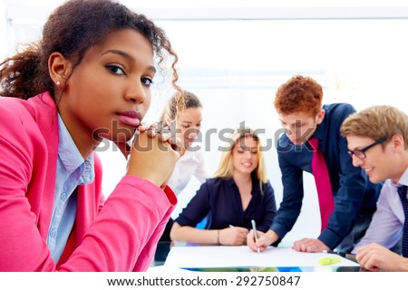 Boring meeting african businesswoman gesture in multi ethnic teamwork at office