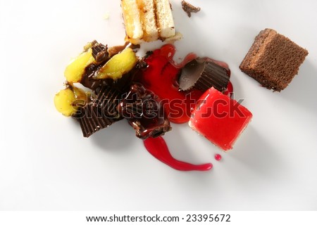 Broken chocolate, cream and strawberry cake with red syrup as blood. Cakes murder