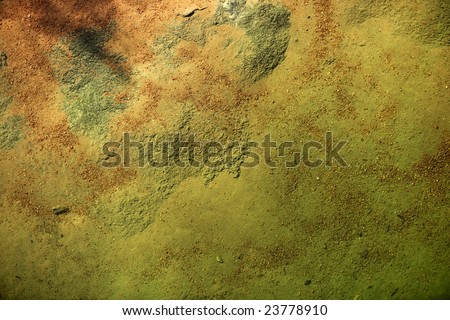 Bottom of a river texture, orange and green background,  little stones with rusty sand and micro algae