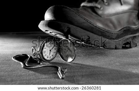 Stop the time metaphor. Old boot treading a vintage pocket watch