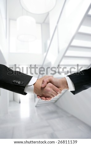 Businessman handshake on modern white stairway office [Photo Illustration]