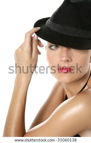 Beautiful red lips woman portrait, black hat on studio white background