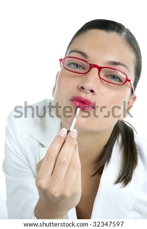 Beautiful businesswoman makeup with red lipstick white background