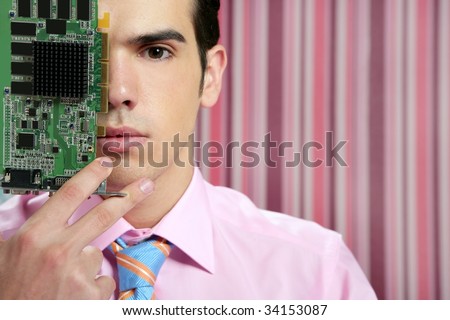 Businessman with electronic circuit in face as technology metaphor