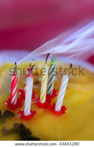 Blowed birthday cake candles with smoke cloud