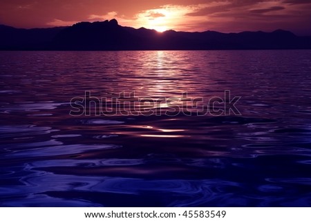 Beautiful seascape ocean sunset reflexion purple blue sea colors