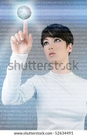 digital futuristic businesswoman magic light global planet finger touch [Photo Illustration]
