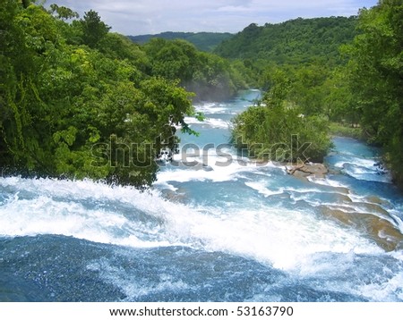 Agua Azul waterfalls blue water river in Chiapas Mexico
